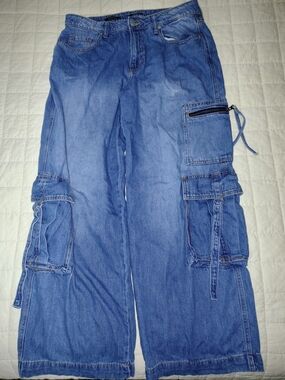 Wild Fable Mid Rise Baggy Cargo Jeans Womens 10 Blue Wide Leg Denim Paratrooper